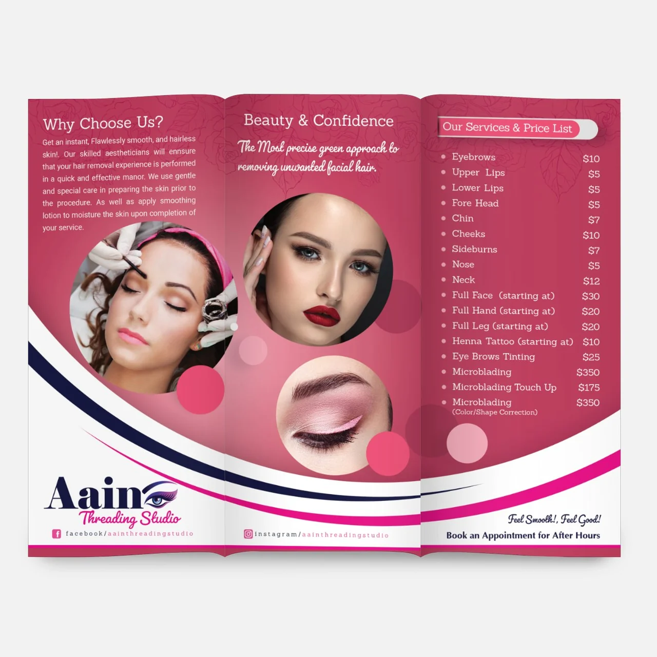 Aain Threading Studio — A service brochure in two views