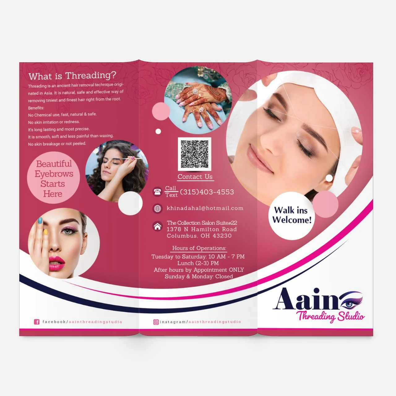 Aain Threading Studio — The outside brochure layout