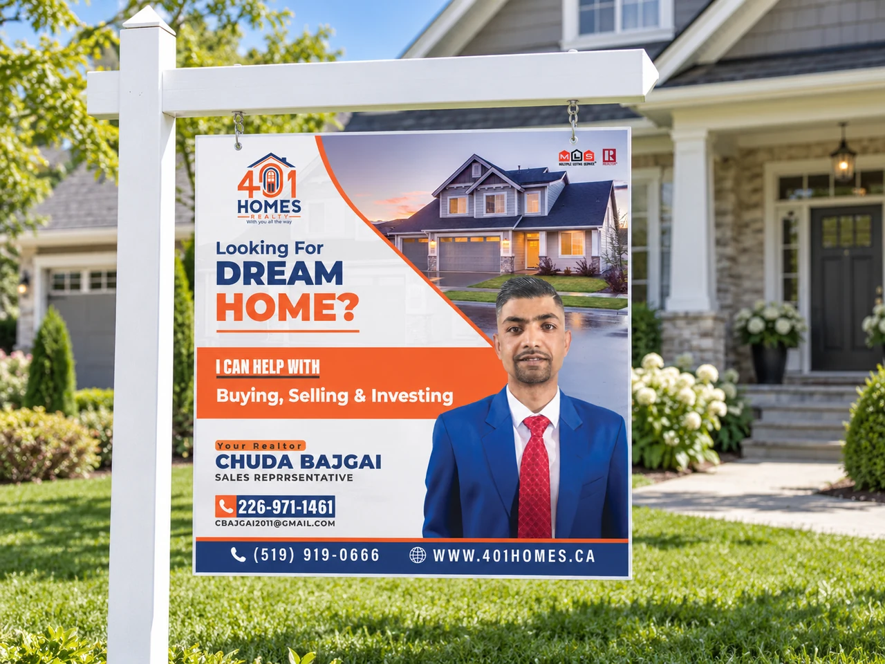 Chuda Bajgai 401 Homes Realty yard sign presentation
