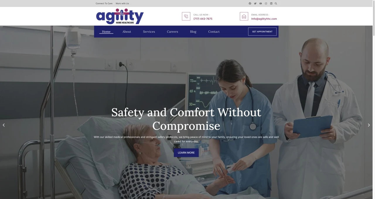 Agility Home Health Care website homepage, including its navigation and main content