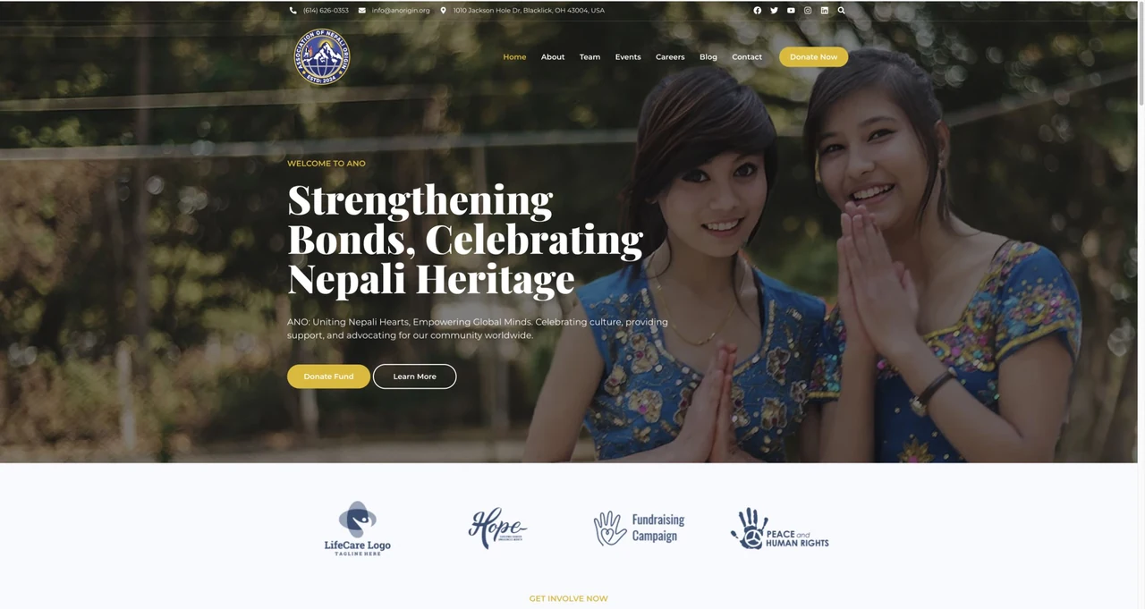 Association of Nepali Origin website homepage, including its navigation and main content