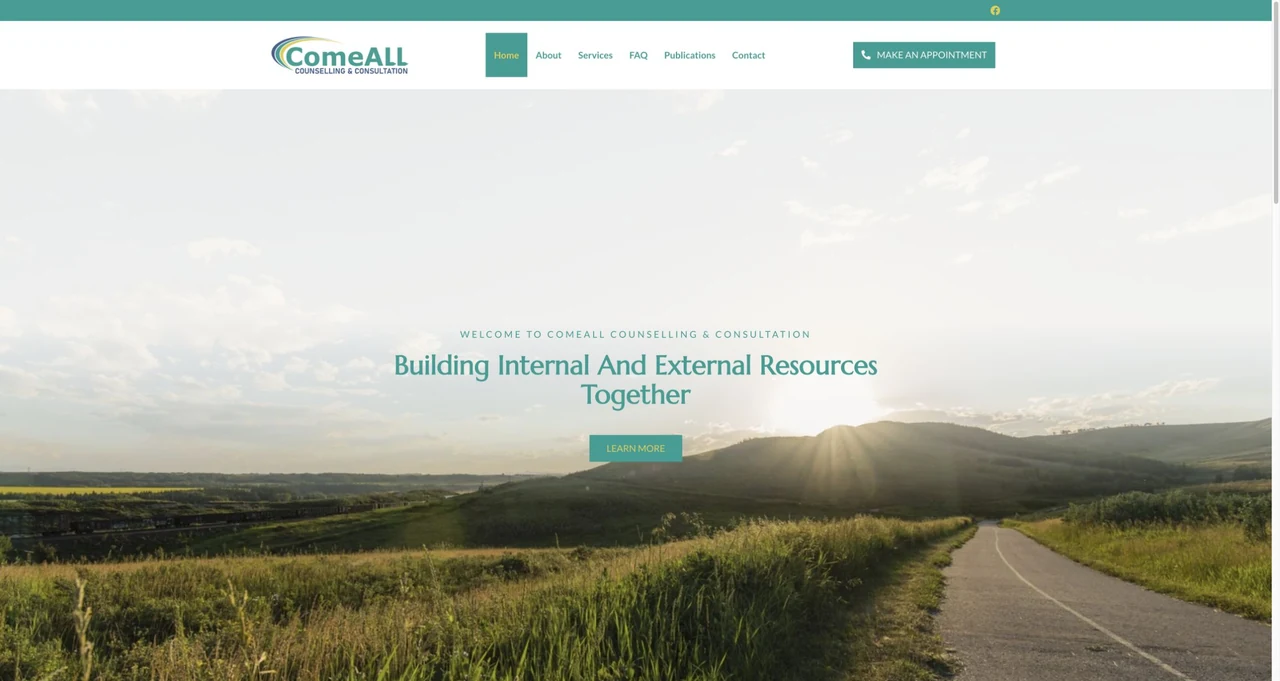 ComeAll Counselling & Consultation website homepage, including its navigation and main content