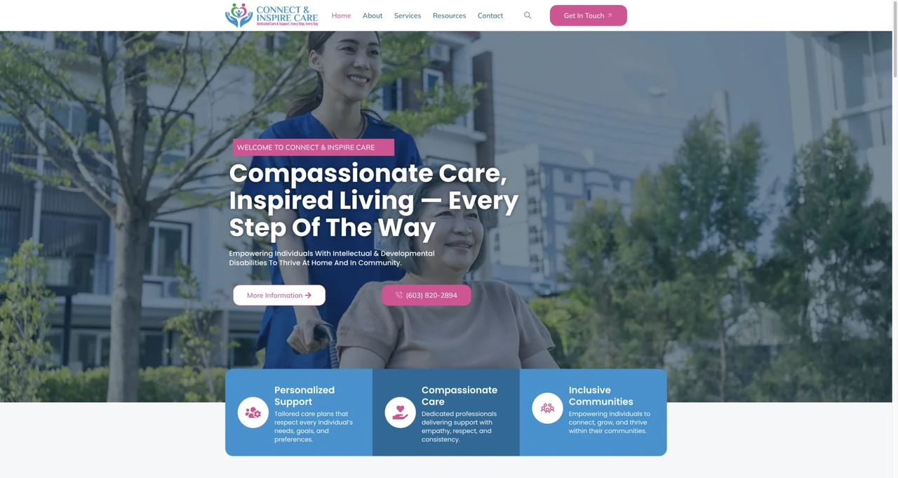 Connect & Inspire Care website homepage, including its navigation and main content