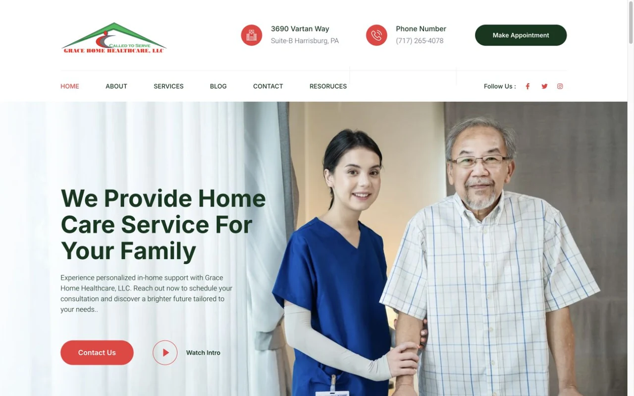 Grace Home Healthcare website homepage, including its navigation and main content