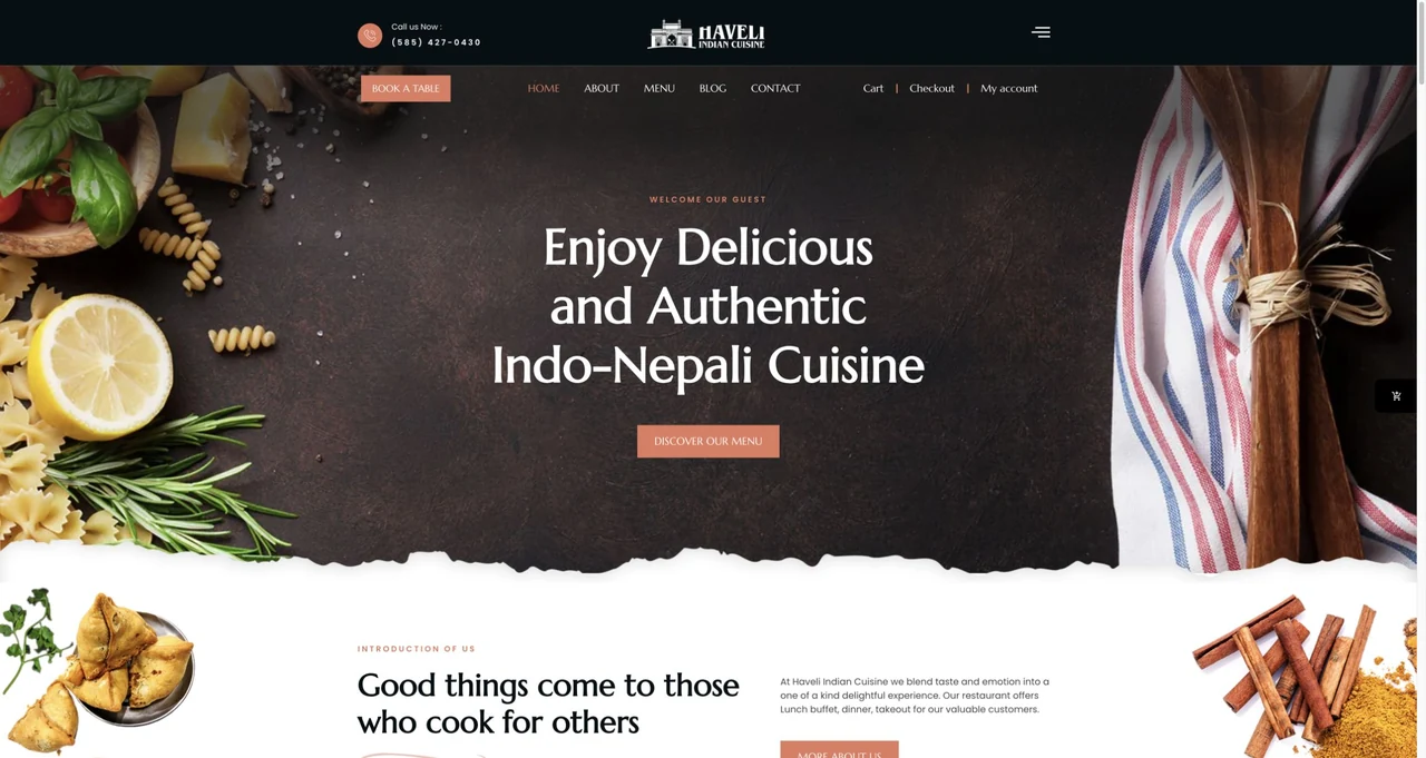 Haveli Indian Cuisine website homepage, including its navigation and main content