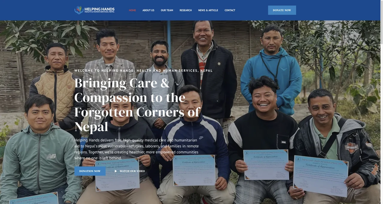 Helping Hands: Health and Human Services, Nepal website homepage, including its navigation and main content