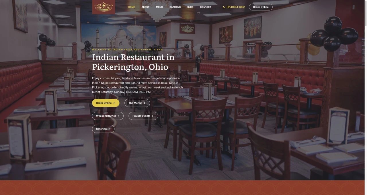 Indian Spice Restaurant & Bar website homepage, including its navigation and main content