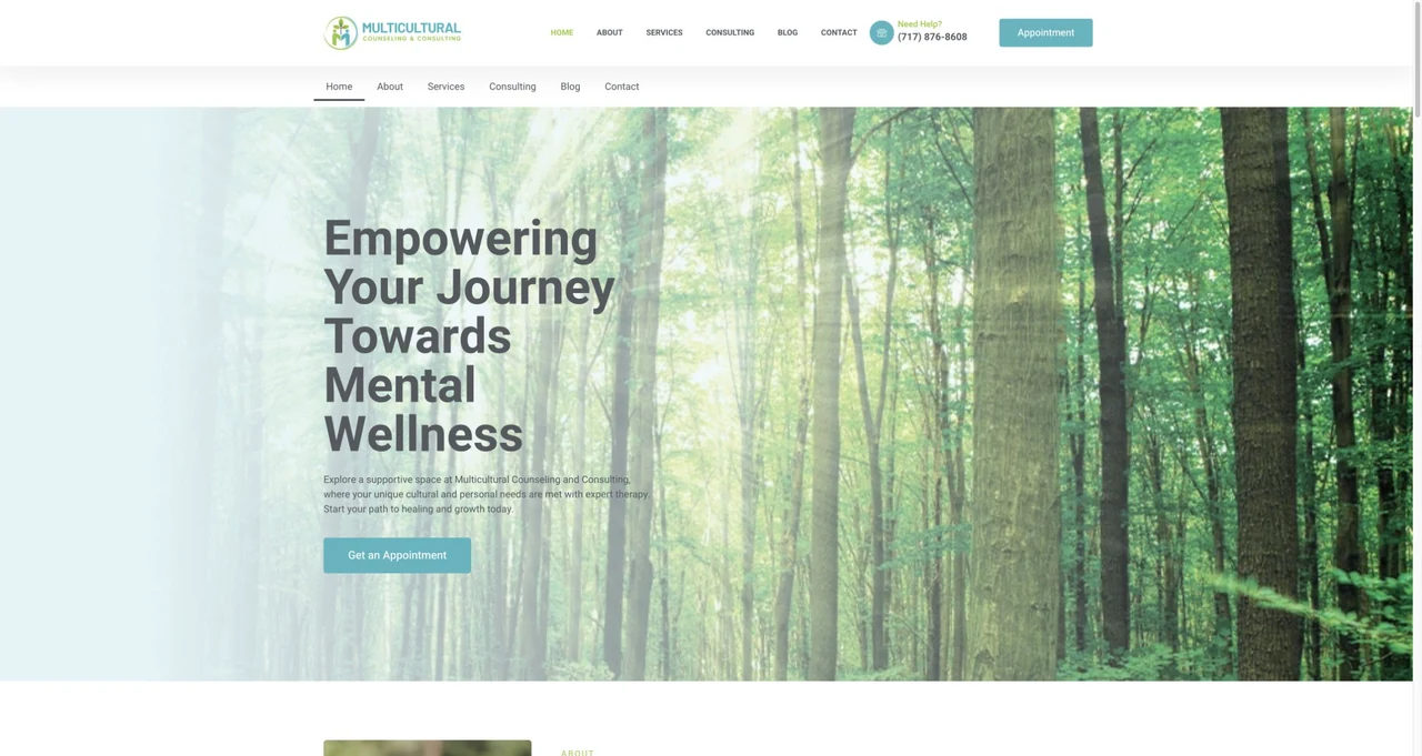 Multicultural Counseling and Consulting website homepage, including its navigation and main content