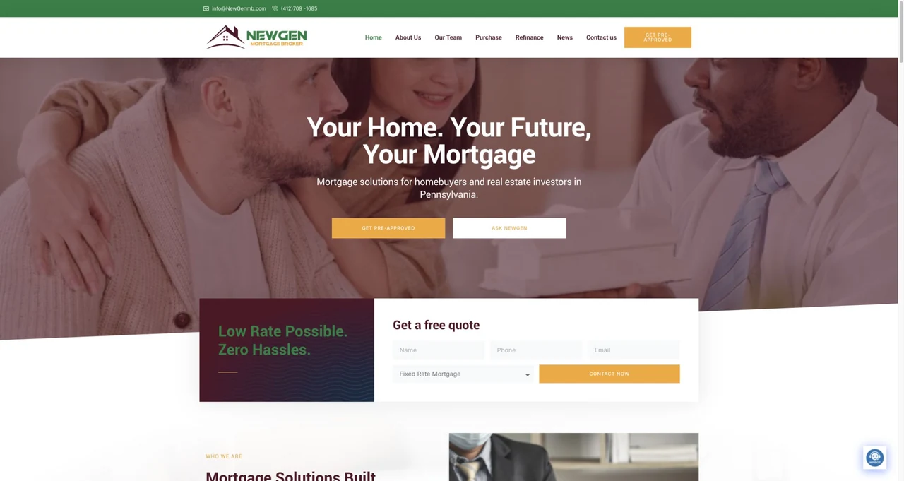 NewGen Mortgage Broker website homepage, including its navigation and main content
