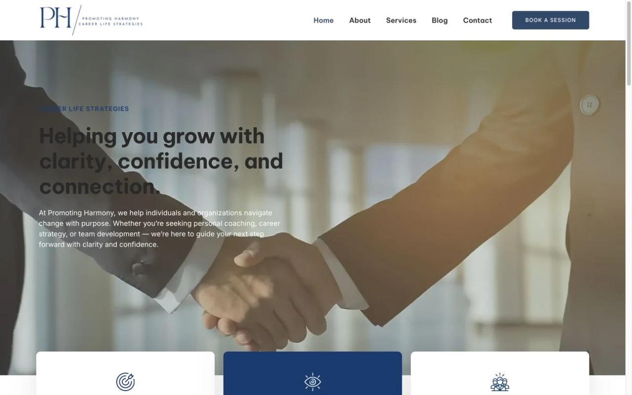 Promoting Harmony website homepage, including its navigation and main content