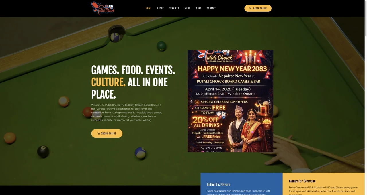 Putali Chowk Board Games & Bar website homepage, including its navigation and main content