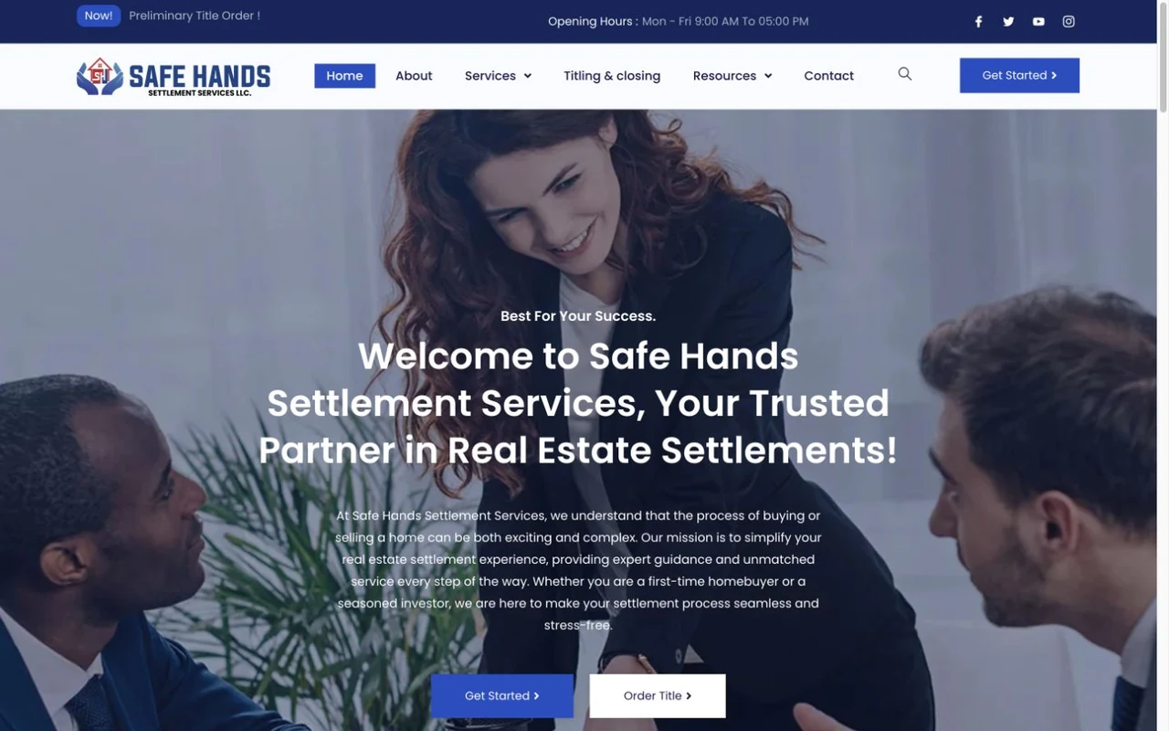 Safe Hands Settlements website homepage, including its navigation and main content