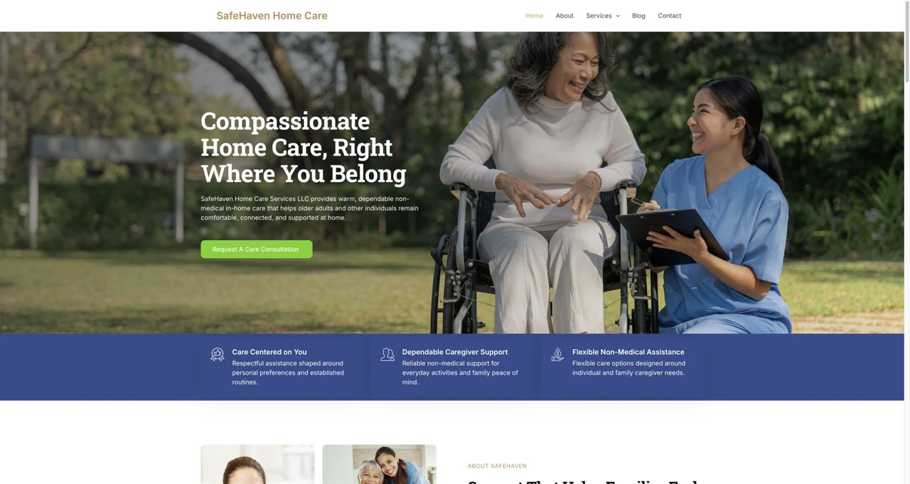 SafeHaven Home Care website homepage, including its navigation and main content