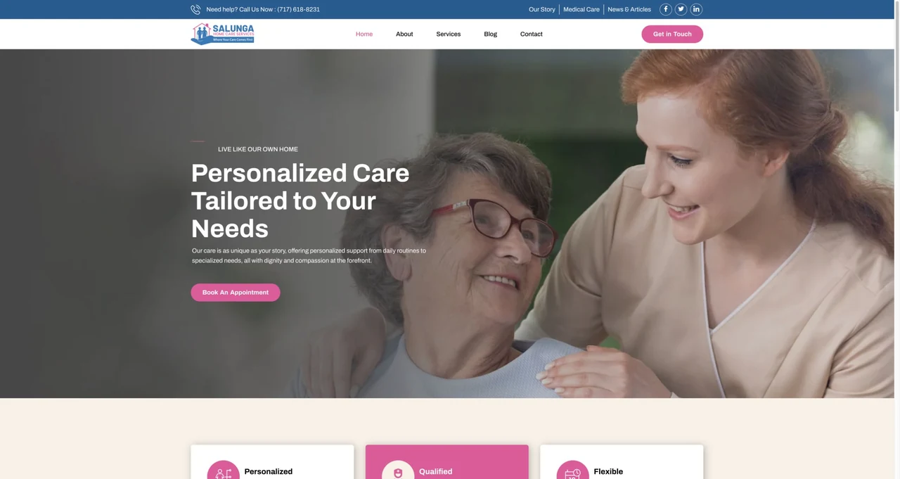 Salunga Home Care website homepage, including its navigation and main content