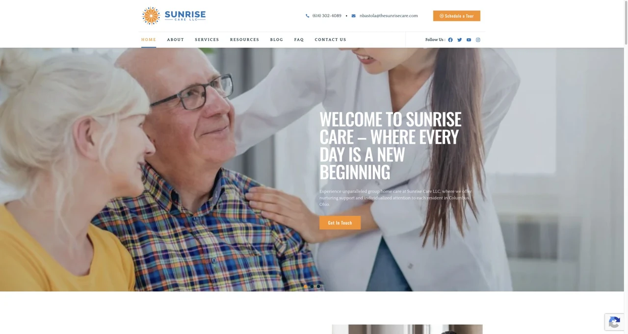 Sunrise Care website homepage, including its navigation and main content