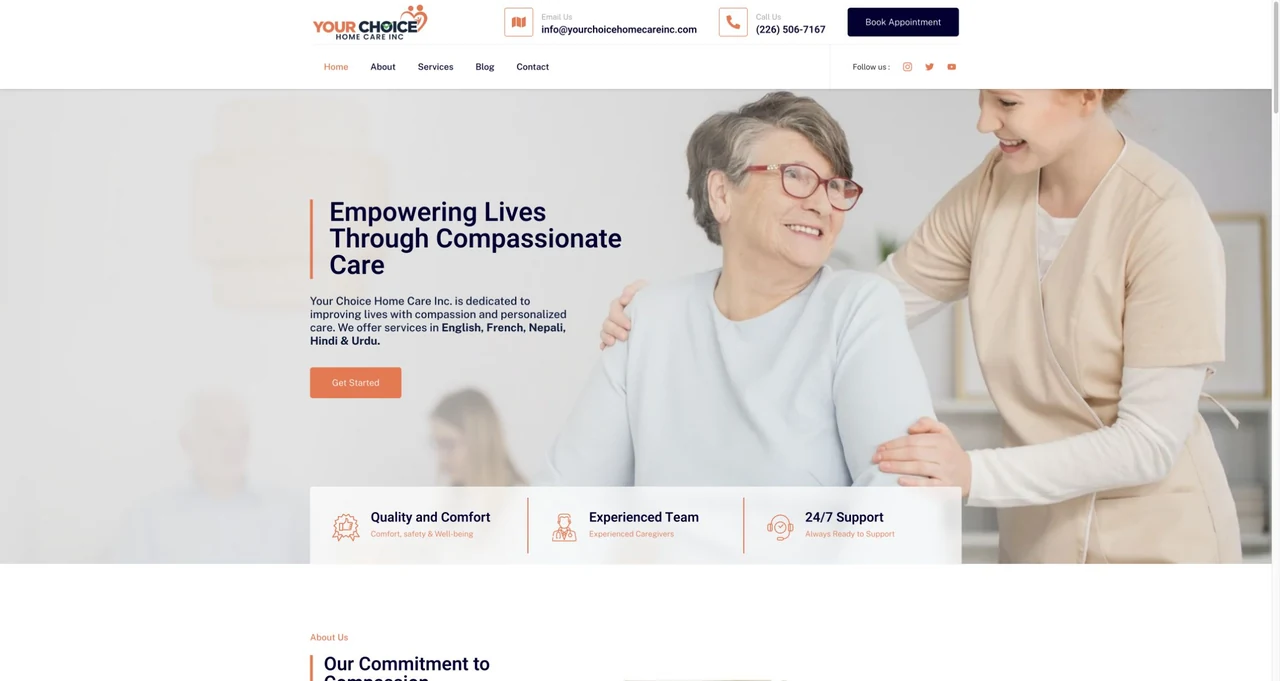Your Choice Home Care website homepage, including its navigation and main content