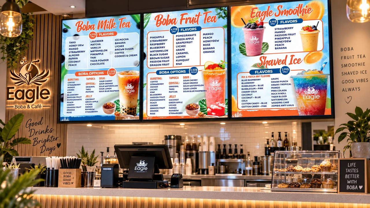 Eagle Boba & Café counter presentation with three TV menu displays and coordinated interior branding