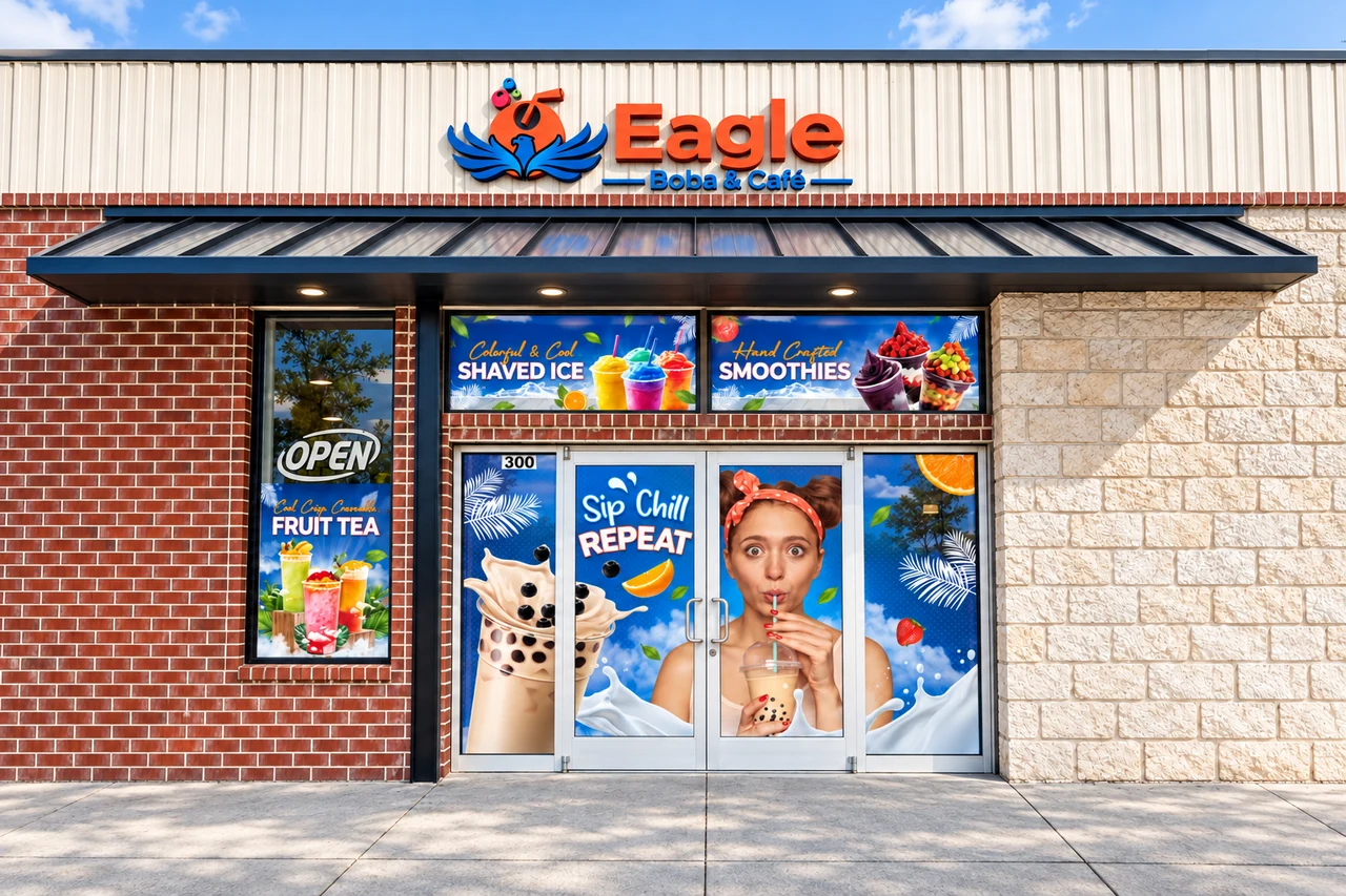 Eagle Boba & Café storefront signage and window graphics