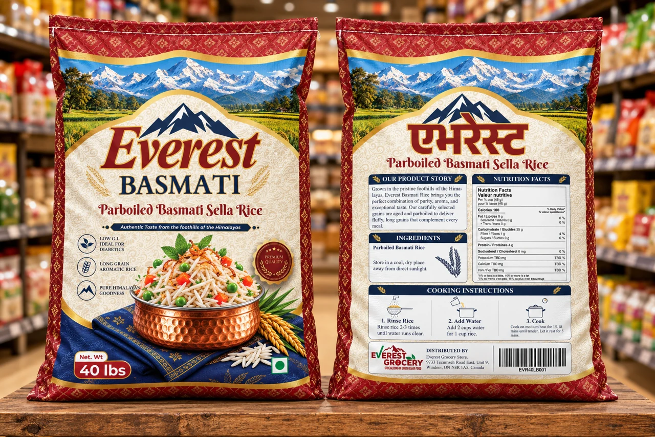 Everest Basmati front and back packaging presentation