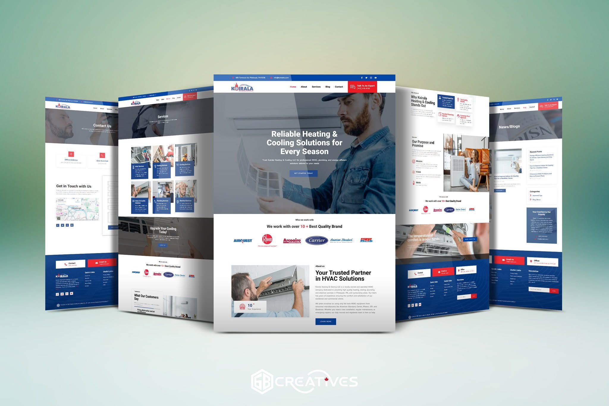 Koirala Heating and Cooling website showing home, service, company, contact and blog page designs
