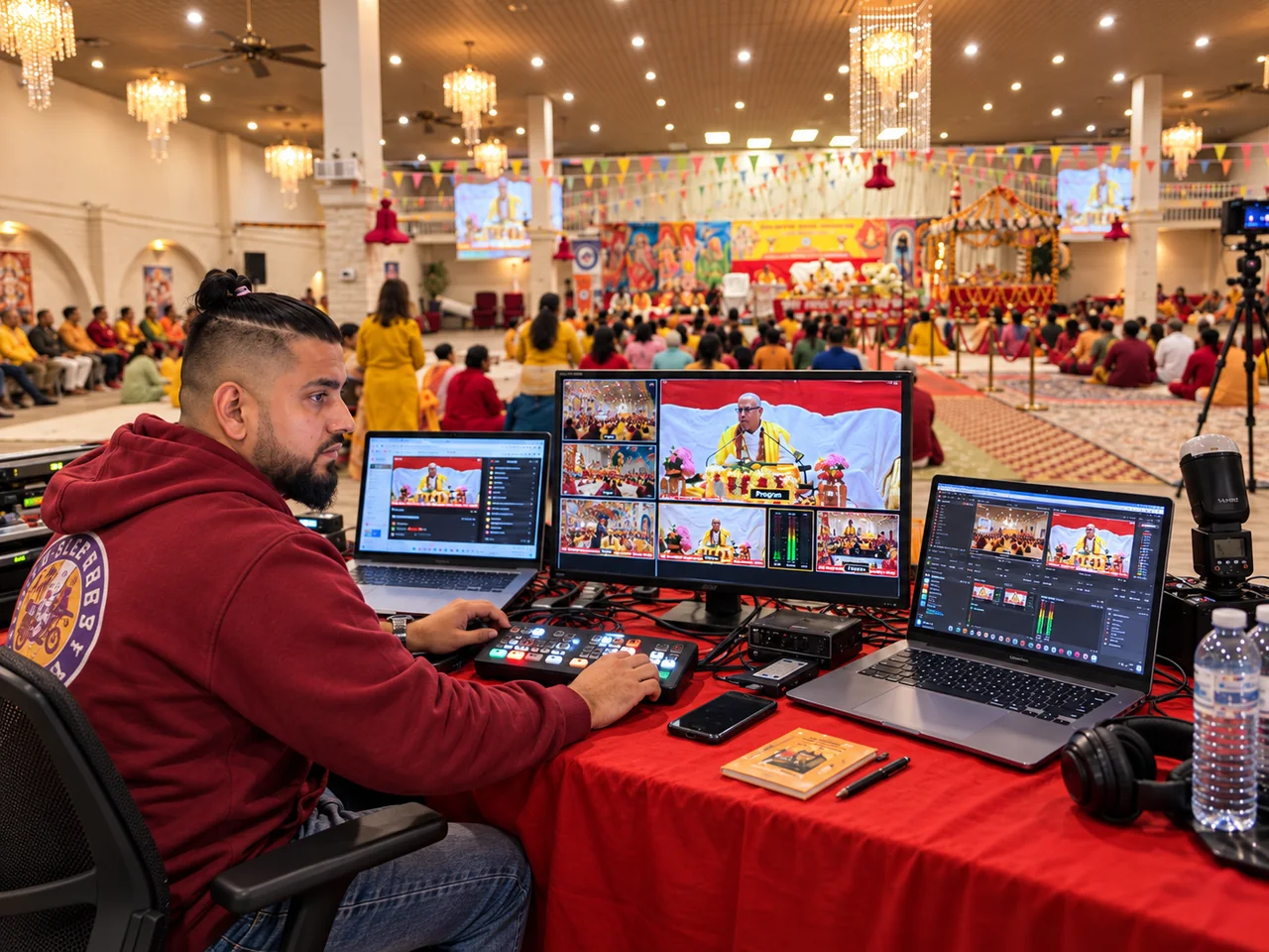 Behind-the-scenes ceremony production setup with a video switcher, laptops and a multiview monitor