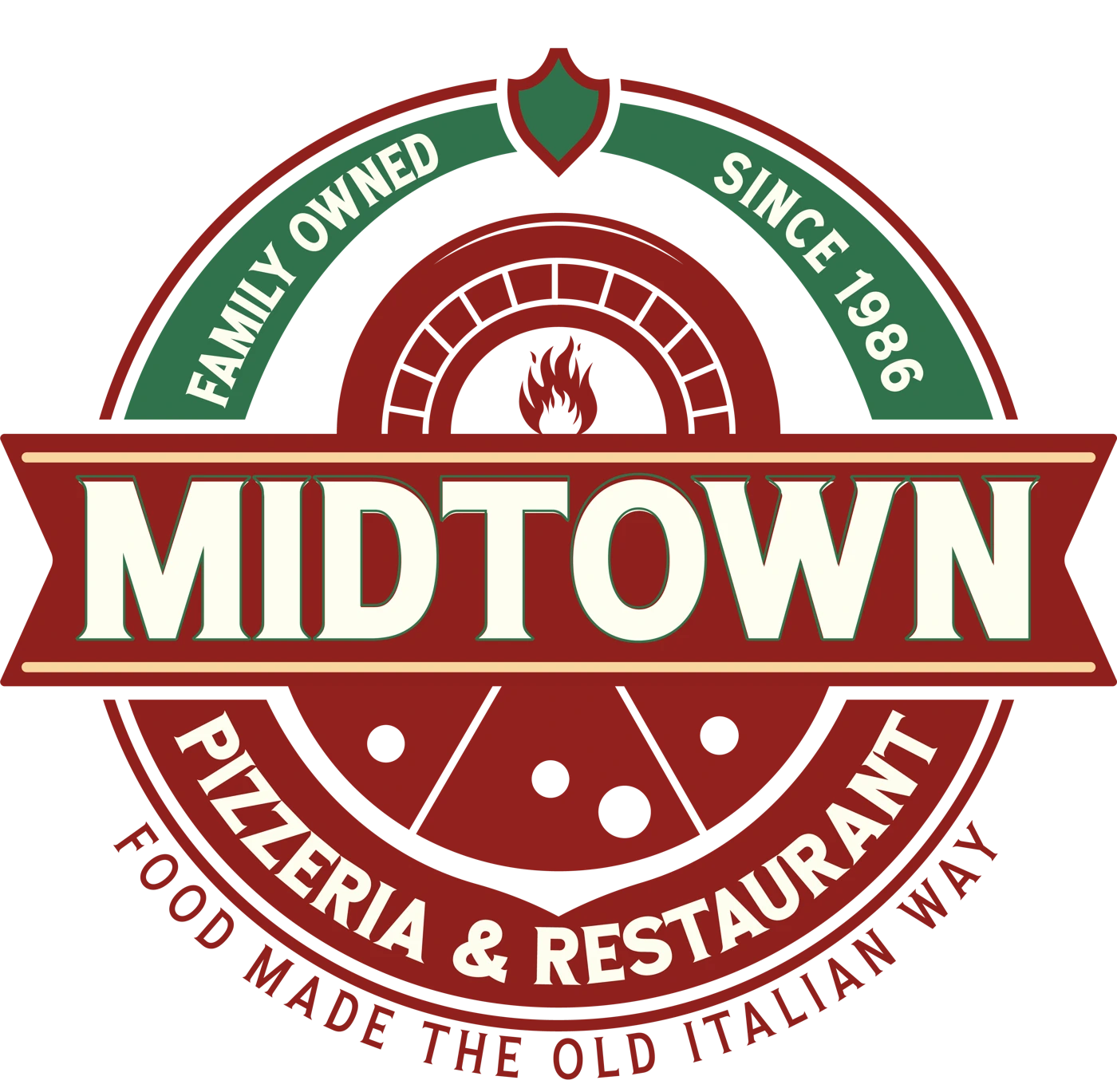 Midtown's redesigned circular logo with pizza oven emblem
